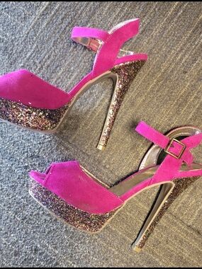Forever 21 Hot Pink Glitter Platform Stiletto Sandals
